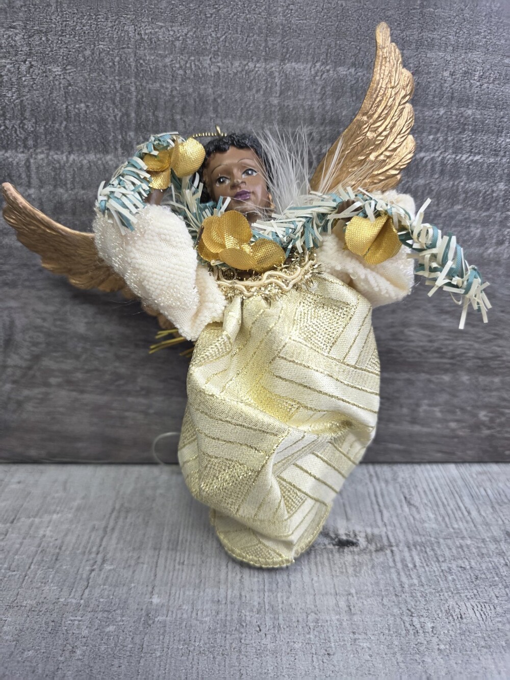 Christmas Angel Black Tree Topper Gold Wings Ornament 6” Vtg 127d2